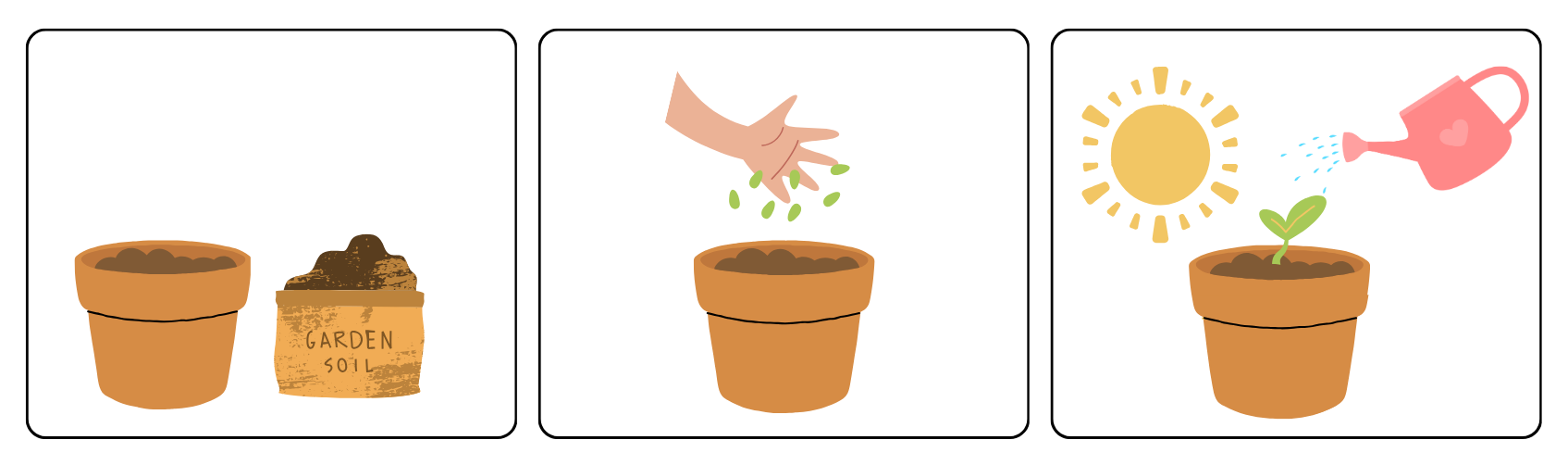 photo of pot with soil, pot with seeds, pot with sun and water